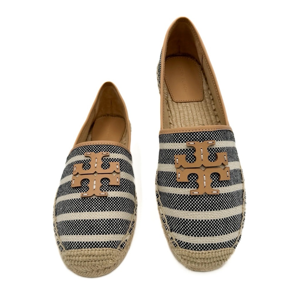 Tory Burch Black & White Striped Espadrille Flats with Tan Logo Used